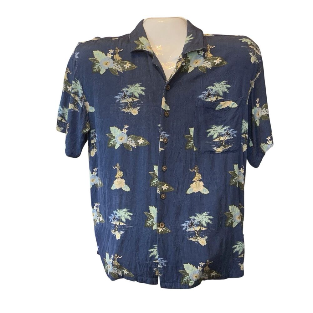 Tommy Bahama Hula Girl Blue Camp Shirt Men’s Medium Hawaiian Loop Collar